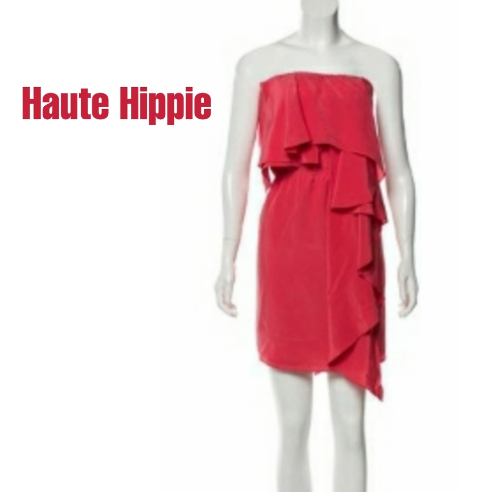 HAUTE HIPPIE SILK MINI Ruffled DRESS EUC strapless. Semi Formal Cocktail Dress. - Picture 2 of 2